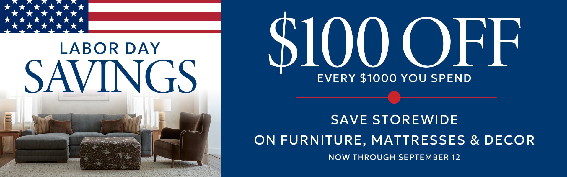 Labor Day Savings banner offering discounts on furniture and decor.