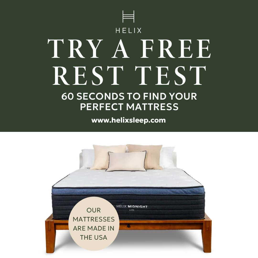 Helix Midnight Luxe mattress advertisement with free rest test invitation.
