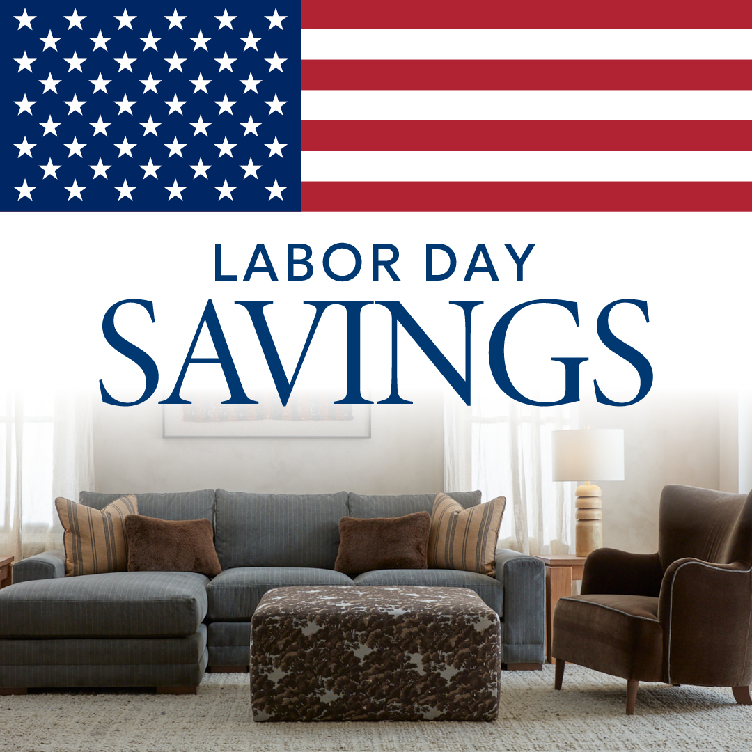 Labor Day Savings ad with American flag and living room.