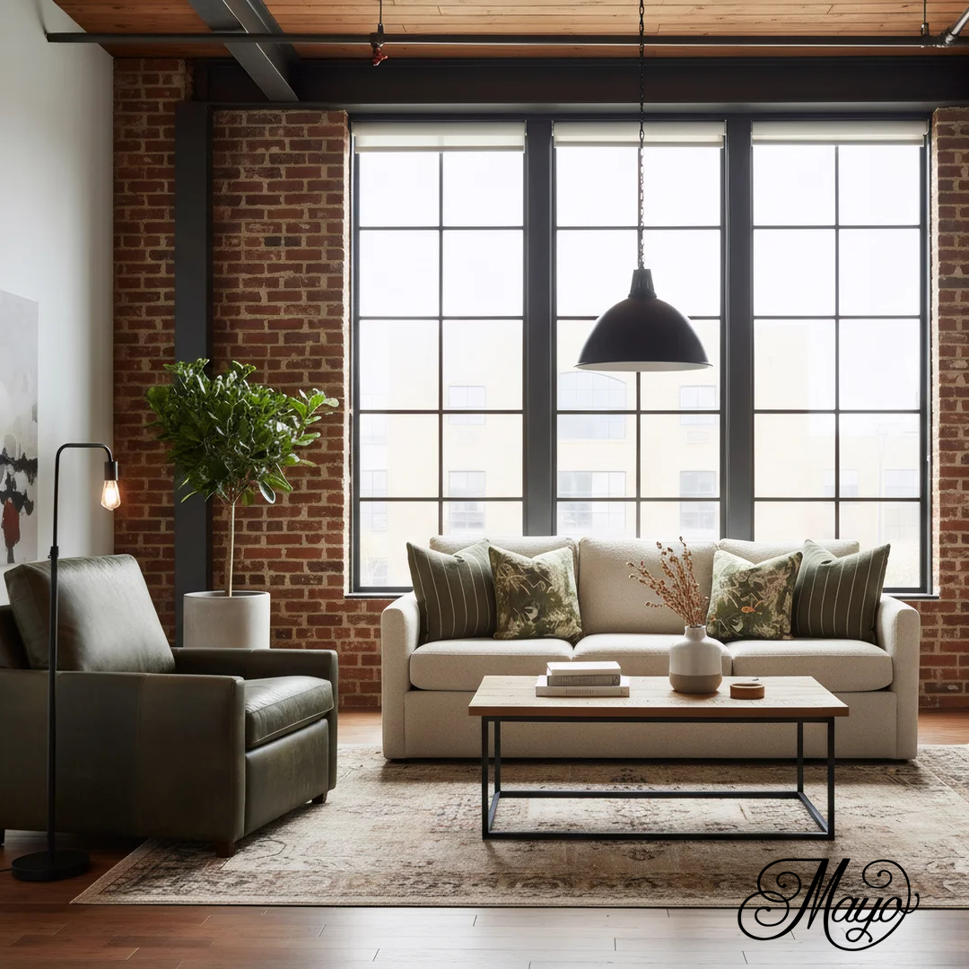Modern industrial living room with cream sofa and leather armchair.