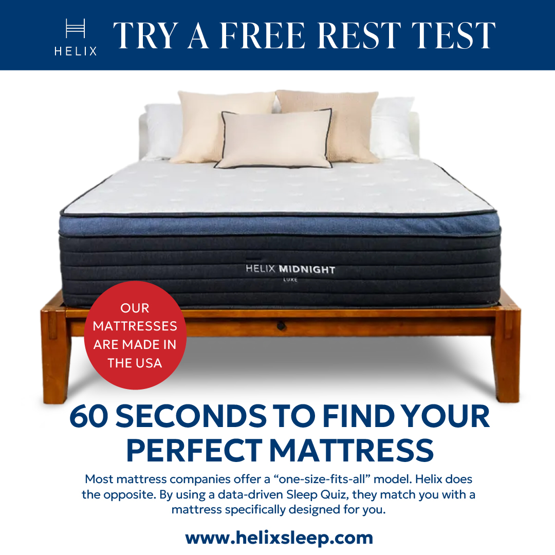 Helix Midnight Luxe mattress advertisement with 'Made in USA' badge.
