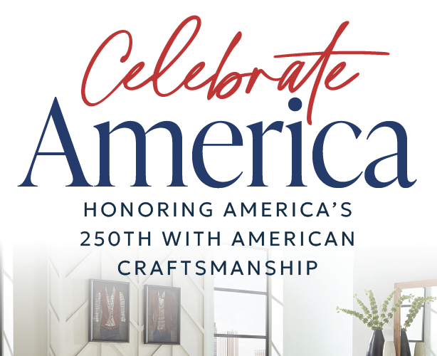 Celebrate America text honoring the 250th anniversary with craftsmanship.